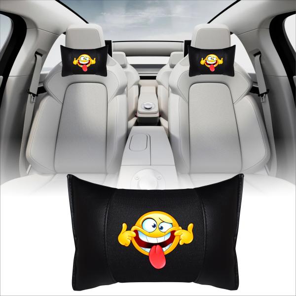 Auto Nackenkissen 20x30cm Nackenpolster Leder Schwarz mit Druck Design Smiley